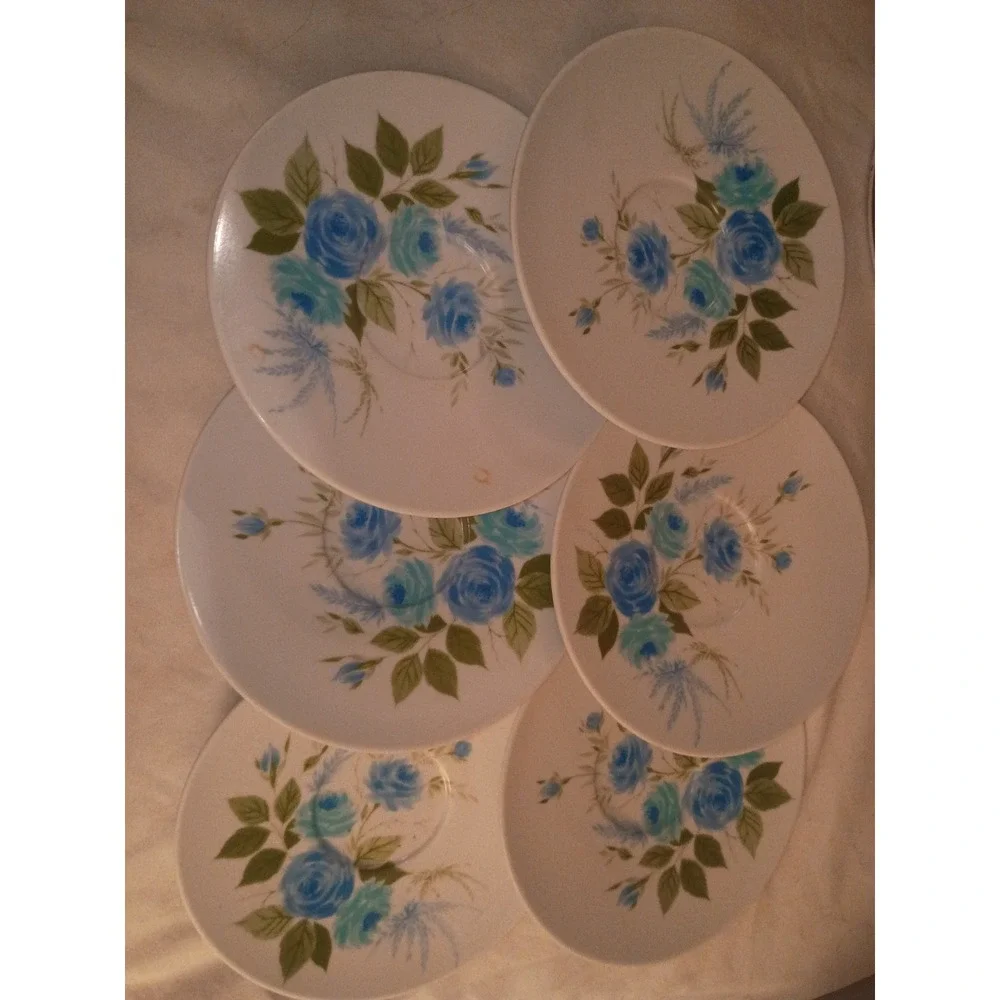 Vintage Blue Rose Melamine Saucers Set of 6 Floral Mid Century Modern Plates